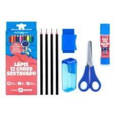 Kit Escolar Lápis De Cor Apontador Borracha Cola Tesoura Az