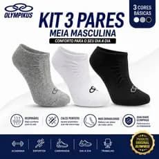 Kit 3 Pares Meia Masculina Olympikus Cano Invisível Esportiva Confortável Branco/Preto/Cinza