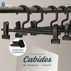 Kit 10 Cabides 20 Presilhas Infantil Preto Resistente Organizar Lojas Roupas Arara Closet