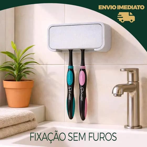 Porta Escova de Dente de Parede Sem Furo com Adesivo Dupla Face - Suporte para 2 ou 4 Escovas - Organizador Banheiro