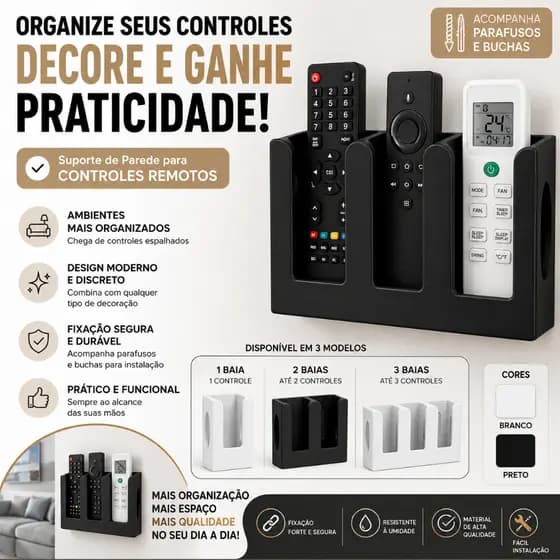 Suporte para Controle Remoto de Parede Organizador TV e Ar Condicionado 1 2 ou 3 Baias