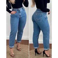 Calça Feminina Jeans Mom Cintura Alta Tecido Grosso Premium Lisa Trabalho Premium Marmorizada