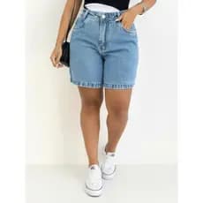 Bermuda Feminina Jeans Mom Pedal Sem Lycra Cintura Alta Comprida Marmorizada Confortável Elegante