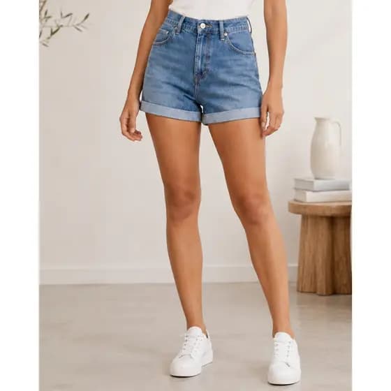 Shorts Jeans Feminino Reto Cintura Alta Sem Bolso Frontal Com Bolsos Atrás Casual