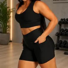 Conjunto Fitness Feminino Short Bolso Lateral Cintura Alta Top Academia Elastano Premium