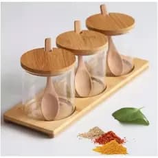 Conjunto 3 Porta Condimentos de Vidro Borossilicato 330ml com Tampa de Bambu