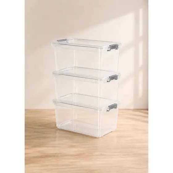 Kit 3 Caixa Organizadora Com Tampa e Trava Grande Tipo Conteiner 50L Transparente Branco Empilhável