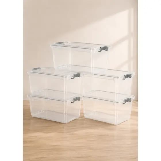 Kit 5 Caixa Organizadora Com Tampa e Trava Grande Tipo Conteiner 50L Transparente Branco Empilhável