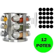 Porta Tempero Inox 12 Potes Com Adesivos E Caneta Porta Condimento Com Base Giratória 360°