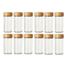 Kit Potes Redondo Vidro 90ml Tampa Bambu para Temperos Cozinha Lembrancinha 6, 10 ou 12 Unidades