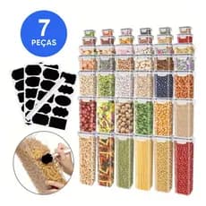 Kit 7 Potes Herméticos Cozinha Dispensa Organizador Plástico Resistente + 7 Etiquetas e 1 Caneta