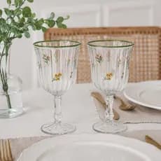 Kit 2 Taças Florence Wolff 230ml Vintage Floral Borda Verde | Taça de Vidro Elegante Mesa Posta
