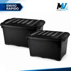 Kit 2 Unidades Caixa Organizadora 95 Litros Preta Com Rodinhas e Trava Para Transporte HeavyBox