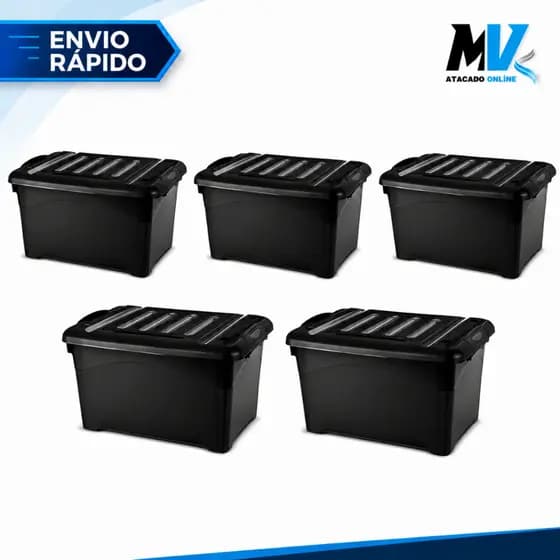 Kit 5 Caixas Organizadoras 65 Litros Preta Com Trava Para Transporte