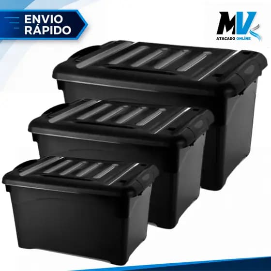 Kit 3 Caixas Organizadoras 65 Litros Preta Com Trava Para Transporte