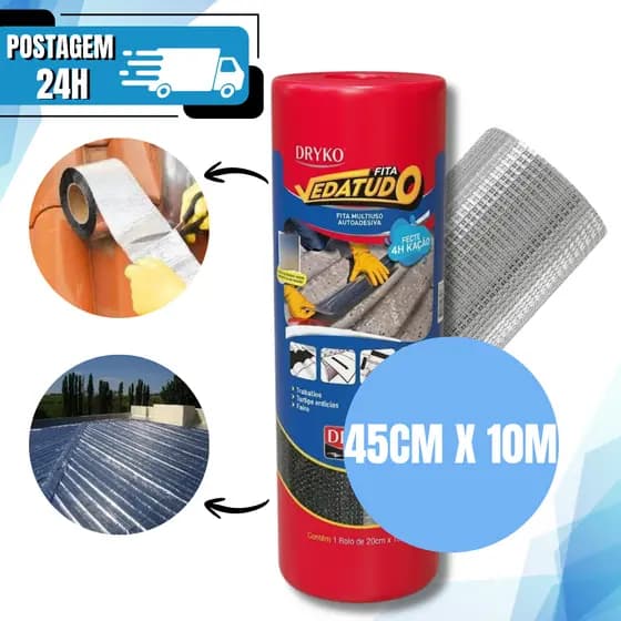 Manta Asfáltica Metalizada 45CM X 10M Auto Adesiva Vedação Telhas Laje Vedatudo Vários Tamanhos