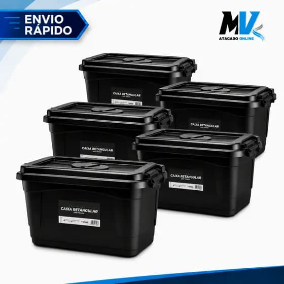 Kit 5 Unidades Caixa Organizadora 50 Litros Preta Com Trava Para Transporte HeavyBox