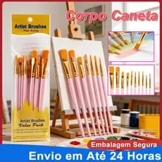 Kit com 10 Pincéis Artísticos para Pintura Cerdas Macias Resistentes Aquarela Óleo Guache Acrílica