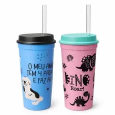 Copo Plástico Com Canudo Grande Slim 500ml Dog e Dino Girl