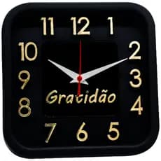 Relógio de Parede Preto  com Dourado Sigma Quadrado Gratidão 24 cm Silencioso Decoração Sala Cozinha Escritório