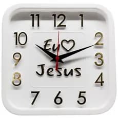 Relógio de Parede Branco  com Dourado Sigma Quadrado Eu Amo Jesus 24 cm Silencioso Decoração Sala Cozinha Escritório