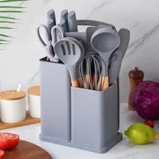 Kit 19 Peças Jogo de Utensílios Para Cozinha em Silicone Com Cabo de Madeira Completo / Antiaderente e Resistente