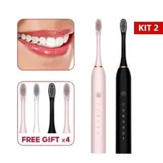 kit 2 escova eletrica de dente de limpeza recarregável com cabeça substituivel para casal,rosa preto