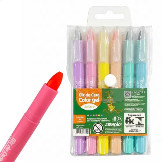 Giz de Colorir Cera Color Gel 6 Cores Aquarelavel Leo & Leo Escolar Retratil