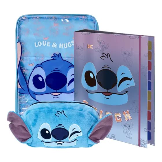 Kit Escolar Estojo Fluffy Pelúcia Com Fichário Colegial e Pasta Universitária Stitch DAC