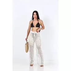 Calça Feminina Saída de Praia Tricô Crochê Moda Verão Praia Piscina