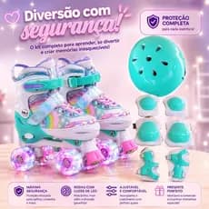 Patins Infantil 4 Rodas Com LED + Equipamentos De Segurança Ajustáveis Para Crianças