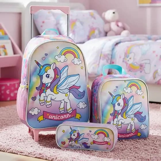 Kit Mochila com Rodinha Unicorn Kit Completo Mochila Feminina - Mochila + Lancheira + Estojo
