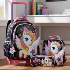 Kit Mochila com Rodinha Unicórnio Star Holográfico Mochila Escolar – Mochila + Lancheira + Estojo