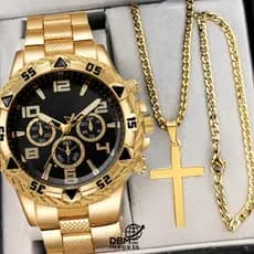 Relógio Masculino Aço Inox + Corrente + Pulseira + Pingente de Cruz | Kit Estilo Premium