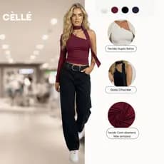 Blusa Feminina Uma Manga Só Assimétrica com Drapeado Elegante Moda Gringa Laço no Pescoço Choker