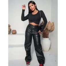 Calça Feminina Wide Leg Couro Fake Botão Dourado Cintura Alta Confortável Estilo Urbano Look Natal