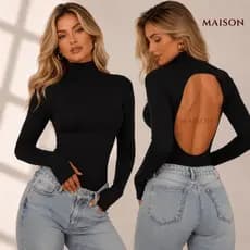 Body Feminino Manga Longa Gola Alta Costas Abertas Suplex Furo no Dedo Luva Bori Blusa de Frio