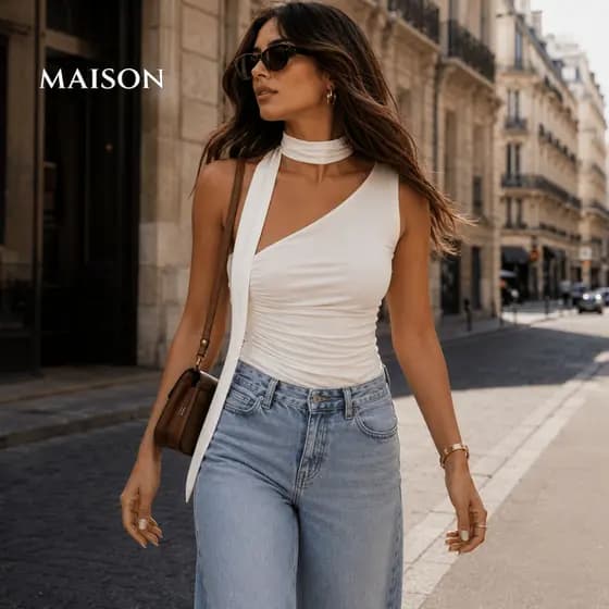 Blusa Feminina Amarração Amarrar no Pescoço Gola Choker Mula Manca Um Ombro Só Look Paty