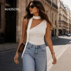 Blusa Feminina Amarração Amarrar no Pescoço Gola Choker Mula Manca Um Ombro Só Look Paty