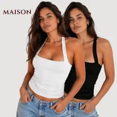 Blusa Feminina Ana Flavia Top Halter Cropped Ajustado Decote Frente Unica Costa Nua Moda Verão