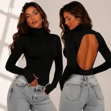 Body Feminino Manga Longa Gola Alta Cacharel Collant Costas Nua e Luva Furo no Dedo Inverno
