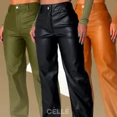 Calça Cintura Alta Feminina Wide Leg Couro Fake  Preto / Marsala / Militar Look de Blogueira