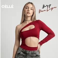Body Feminino Manga Longa Assimétrico Recorte Busto e Barriga Moda Gringa Estilosa Suplex