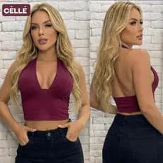 Blusa Top Cropped Feminino Frente Única com Amarração Multiformas Forro Duplo