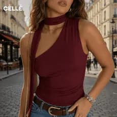 Blusa Feminina Amarração Amarrar no Pescoço Gola Choker Mula Manca Um Ombro Só Look Paty