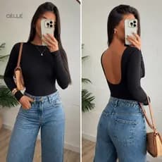 Body Feminino Bailarina Decote Costas Nuas Blusa Frio Manga Longa Forro Duplo Peito P ao Plus Size