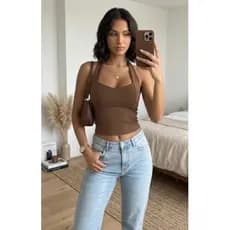 Blusa Feminina Antonella Top Halter Cropped Ajustado Decote Frente Unica Costa Nua Casual Moda Verão