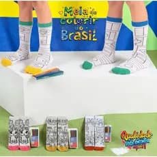 Meia De Colorir Infantil Do Brasil + Canetinhas Laváveis Reutilizável Copa Do Mundo 100& Algodão