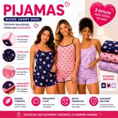 KIT Com 3 Pijamas Femininos Short Doll Estampado Pijama Feminino Fresquinho