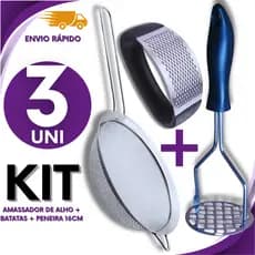 KIT  03 Peças - 1 Peneira Inox para Sucos Confeitaria Cozinha 16cm + 1 Amassador de Batatas + 1 Amassador de Alho